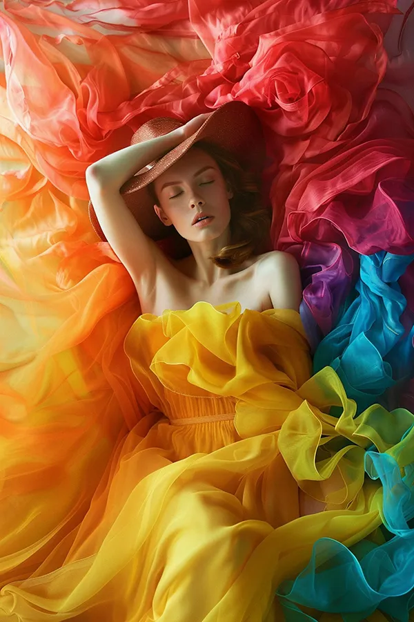 Modella distesa su drappi di seta colorata prodotti dalla tessitura a Como Rosa Tessile, eccellenza nel design tessile.